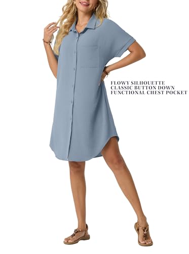 HiMONE Women’s Button Down Shirt Dress Casual Loose Short Sleeve Cover Up with Pocket Lightweight Beach Tunic Dress — view 3