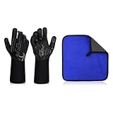 YSJCHEBS 1 Par De Guantes De Horno Negros, 1 Paño De Cocina, Guantes De Horno De Silicona Antideslizantes, Guantes De Parrilla Resistentes Al Calor, Guantes Protectores para Cocinar En La Cocina
