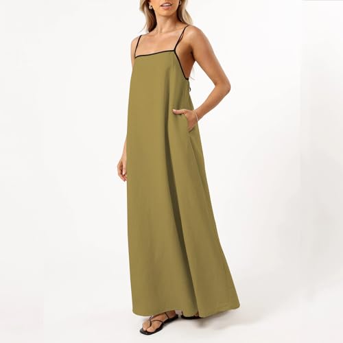 Image of Senllen Women's Linen Dress Summer Loose Flowy Sundress Contrast Spaghetti Strap Sleeveless Backless Beach Maxi Long Dresses