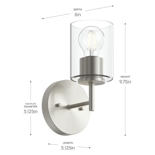 Image of Progress Lighting Replay 5.125 Inch 1-Light Vanity Light, Transitional, Brushed Nickel with Clear Glass Shade, (9.75 inch H x 5.125 inch W x 5.875 inch D), P300581-009