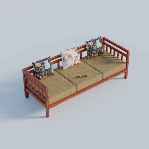Image of Solid Sheesham Wood 5 Seater Sofa Set Without Centre Table for Living Room | Wooden 3+1+1 Five Seater Sofa Set with 5 Cushions | Modern Sofa Set for Home, Office & Lounge| Cream, Honey Finish