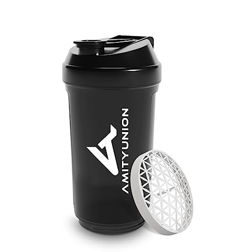 AMITYUNION Proteína Shaker FYRA 700 ml - a prueba de fugas, BPA libre, con tamiz y escala, para batidos cremosos, de proteínas agitadores, para aislamientos y concentrados Iso Sport (Oscura)