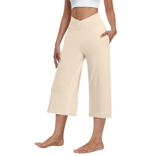 Image of Kivdol 3 Pack Womens Wide Leg Yoga Capris Crossover High Waist Casual Capri Pants Loose Soft Pajama Pockets Sweatpants