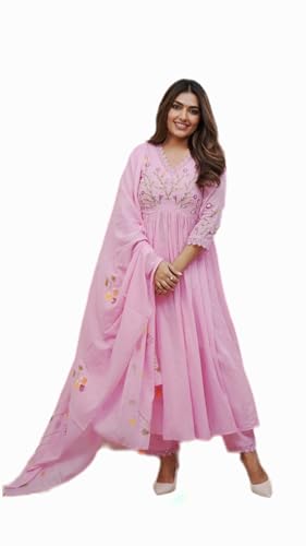 Image of Women's Pastel pink Cotton Embroidered Kurta Set with Lacework Detailing, Choki Hand Sleeves, and Printed Dupatta, Elegant Ethnic Wear