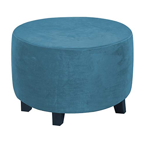 H.VERSAILTEX Velvet Soft Stretch Round Ottoman Slipcover, Peacock Blue