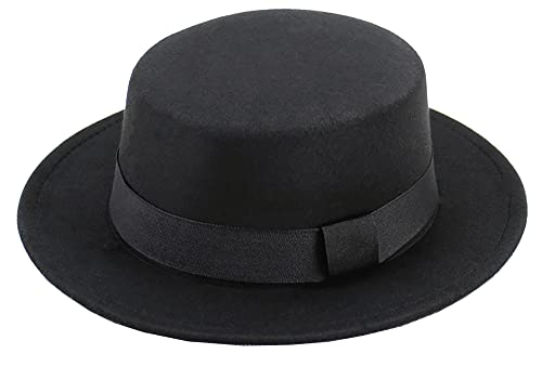 Klassischer Porkpie Fedora Wollfilzhut für Damen und Herren, Schwarz, Manhattan-Hüte, Panama-Jazz-Hut, Größe S/M, Schwarz Stil 2, Einheitsgröße