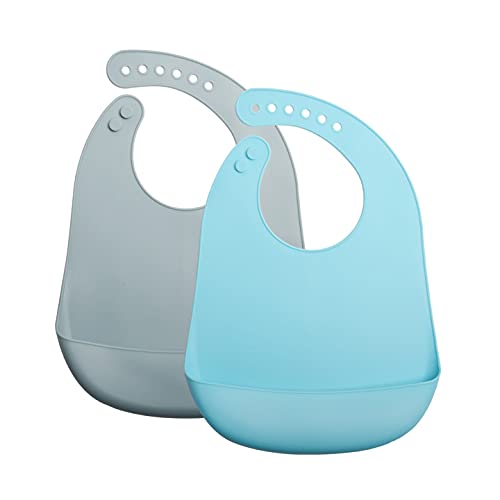 GODR7OY Silicone Bibs, Waterproof Soft Bibs for Babies & Toddlers, Baby Bibs Adjustable for 6-27 Months Eating, 2 Pack Stain Resistant Silicone Baby Bib