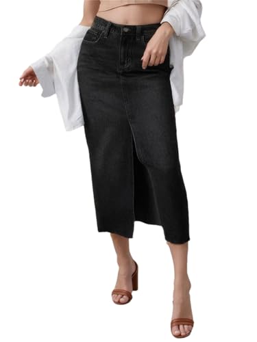 Long Slit Denim Skirts for Women High Waist A Line Maxi Denim Skirt