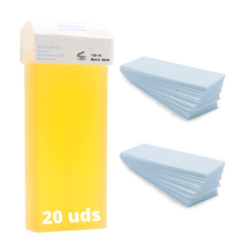 KOKEN - Pack 20 Cartuchos NATURAL + 200 bandas depilatorias | Calidad profesional. Cera Depilatoria Roll-on 100ml Universal