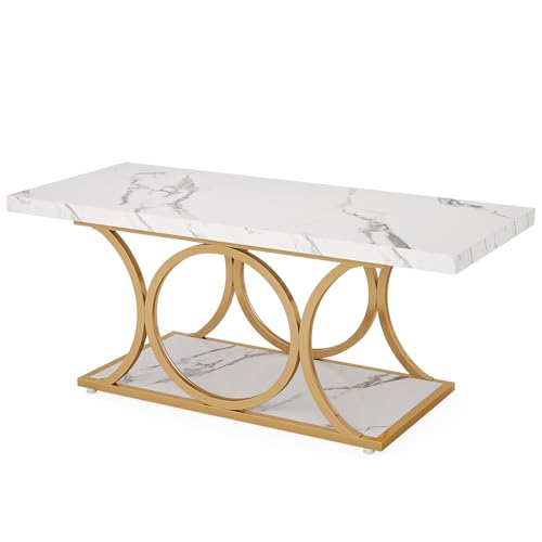 Tribesigns Rectangle Coffee Table, 47.24-inch Modern Coffee Tables for Living Room, 2-Tier Faux Marble Wood Coffee Table with Geometric Metal Legs, Home Furniture with Storage Shelf(White and Gold)