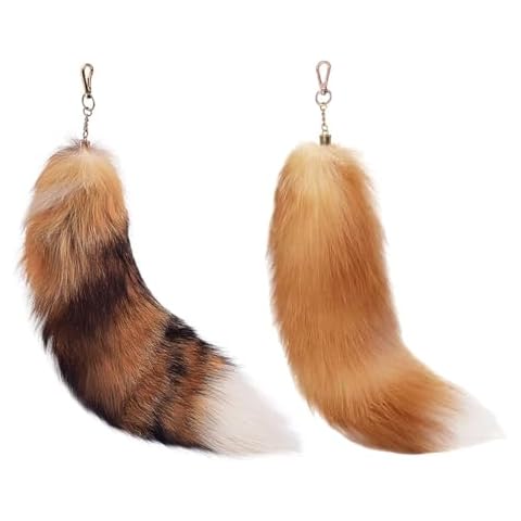 Alpertie 2PCS Fluffy Real Fox Fur Tail Keychain Tassel Bag Cosplay toy Handbag Accessory Hook Pendant(Red Fox & Crystal Fox) Cover