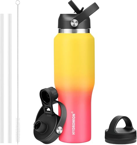 Image of HYDROWION Water Bottles with Straw, 40oz Insulated Water Bottle fit in Car Cup Holder, Black Water Bottles with Straw Lid, Spout Lid and Flex Cap, Leakproof Travel Insulated Tumbler, Yellow