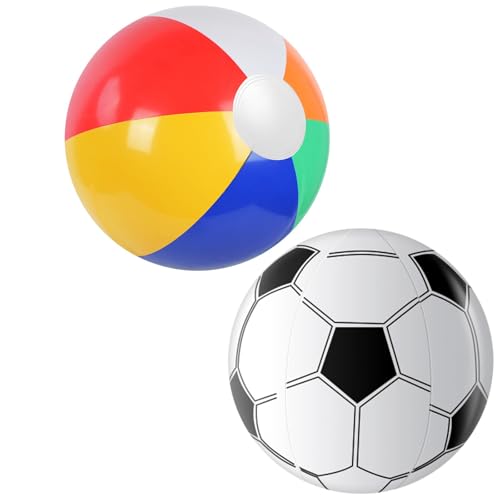 flintronic Aufblasbare Wasserbälle, Strandball in 30cm Durchmesser, 2 Stück Beachball in Regenbogenfarben/Fußballfarbe, für Sommeraktivitäten im Freien, Wasserspiele, Schwimmbad-Strandparty