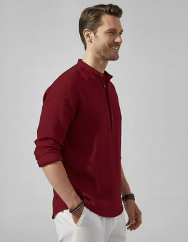 Image of Men's Cotton Blend Straight Kurta Shirt Combo with Mandarin Collar - Slim Fit Casual Short Kurti Set Featuring Textured Slub Fabric and Roll-Up Full Sleeves