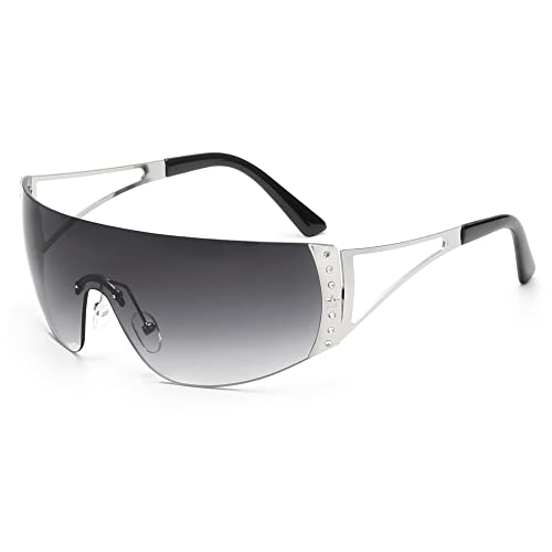 JM Lunettes de Soleil Y2K Pour Hommes et Femmes, Parasol Futuriste à Dôme Plat Surdimensionné, Lentille Graduée sans Cadre Gris