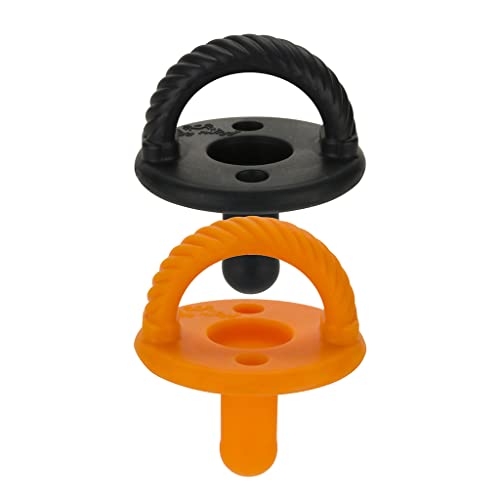 Image of Itzy Ritzy Sweetie Soother Pacifier Set of 2 - Silicone Newborn Pacifiers with Collapsible Handle & Two Air Holes for Added Safety; Set of 2 in Pumpkin/Midnight, Ages Newborn & Up (PCFR8500)