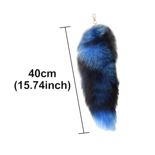Image of 15.75 Inch Long Fluffy Faux Fur Tail Keychain, Fake Animal Tails for Handbags Backpacks Charm Tassel Ornaments (Blue-Black)