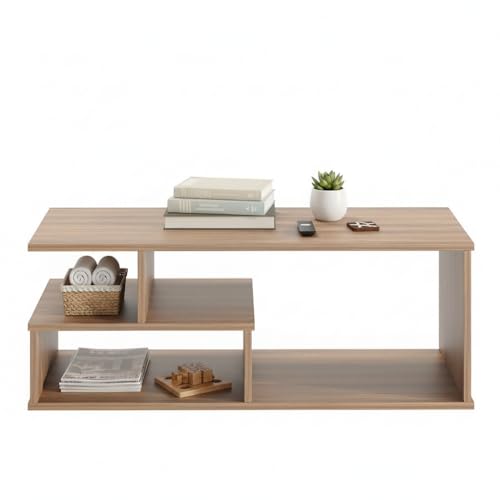 Image of FURNEASER Witely Coffee Table Modern Centre Table with Storage Shelves, Teapoy, Centerpiece Tea & Coffee Table for Living Room, Engineered Wood, Matte Finish, Exotic Teak, 90x45x36 cm