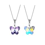 2pcs Colorful Crystal Butterfly Star Shell Heart Shape Pendant Necklace Stainless Purple & Yellow Shining Rhinestone Jewelry for Women Girls Gifts-Butterfly