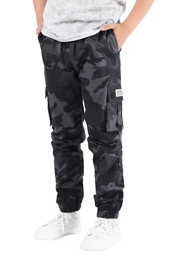 NATUST Boys Cargo Trousers Kids Elastic Waist Joggers Multi Pockets Casual Pants Camo Grey 7-8 Years