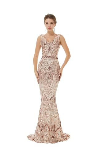 Image of Women's Wedding Bridesmaid Gown Sequined Mermaid V Neck Sleeveless Evening Dress