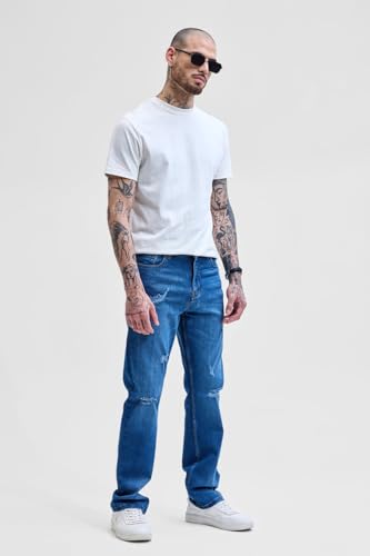 Image of SNITCH Men Jeans Casual Wear | Straight Fit Mid Rise Solid Pattern | Comfortable Cotton Blend with Medium Stretch for All Seasons