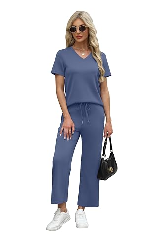 Image of WIHOLL 2 Piece Sets for Women Summer Lounge Set Wide Leg Pants Matching Set Vacation Travel Outfits Beach Clothing
