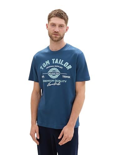 TOM TAILOR Herren T-Shirt mit Logo-Print aus Baumwolle, nighttime blue, XXXL