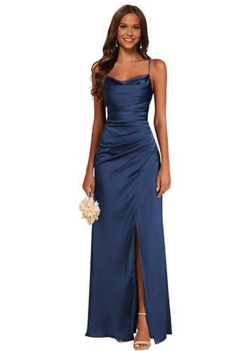 JAEDEN Satin Brautjungfernkleid Spaghettiträger Ballkleider Lang mit Schlitz Meerjungfrau Falte Abendkleider Marineblau 40