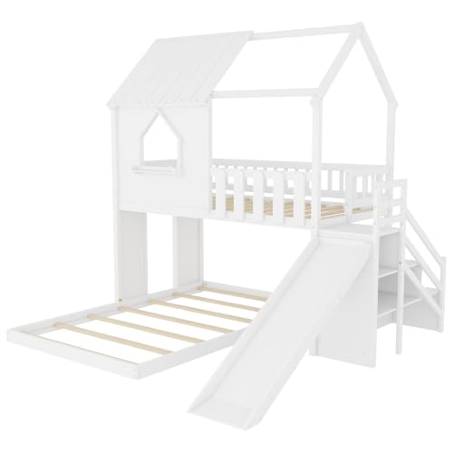 Image of Bellemave Bunk beds Twin Over Full with Slide,Storage Staircase,House roof Design,Low bunk /loft Bed for Kids，White