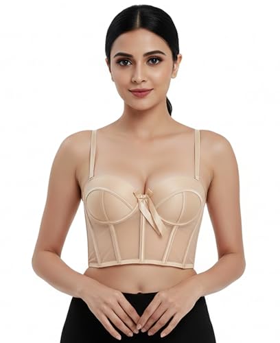 Image of Fashiol Women Lace Longline Bra | Lightly Padded Bustier Style Innerwear | Adjustable Strap Comfortable Everyday Bra and Panty Set Black and Skin