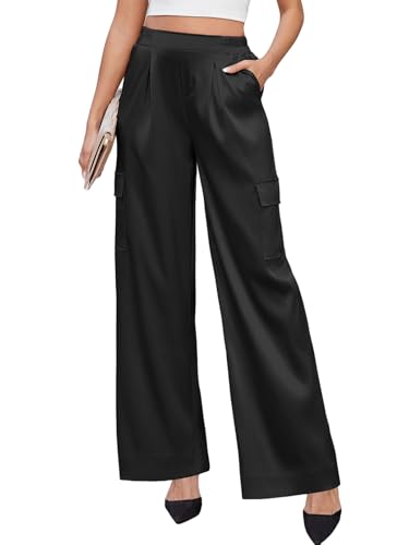 ZAFUL Womens Satin Pants Wide Leg High Waisted Cargo Pants Silky Dressy Casual Slack Trousers