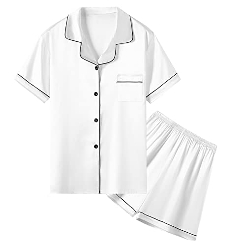Image of Umeyda Women & Girls Pajamas Set, 2 Piece PJS Satin Silk Sleepwear Button-Down Top with Shorts for Mom Kids Gifts