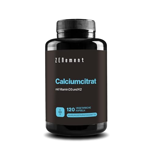 Calciumcitrat mit Vitamin D3 und K2 - Für normale Zähne Knochen und Muskeln - Verbesserte Formel mit D3 und K2 - Hoch absorbierbar - 120 vegetarische Kapseln