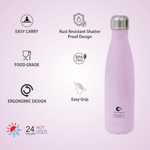 Image of Clay Craft VACBOTT Stark Double Walled 18 Hours Hot and 24 Hours Cold Water Flask Bottle-500ML, 2-Piece(Blush Pink) Leak Proof|Easy to Carry|Gym Bottle|Home|Kitchen|Hiking|Travel Bottle|BIS Certified