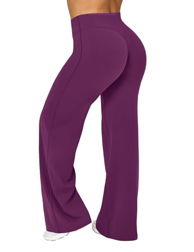 Ieumaz Women Straight Leggings Bottoms High Waist Gym Workout Leggings Stretch Casual Wide Leg Yoga Pants Dark Purple