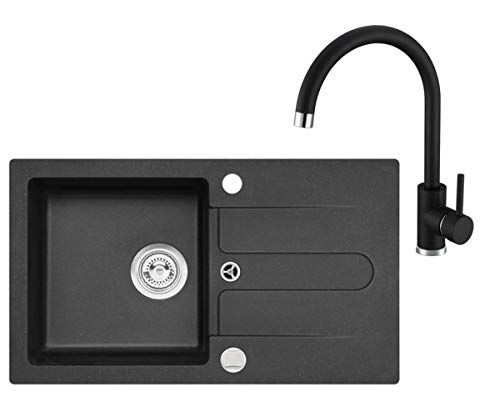 Spüle Schwarz 75 x 42 cm mit Spültischarmatur Granit Einzelbecken Einbauspüle gesprenkelt reversibel Verbundspüle + Siphon Wasserhahn Einhebel