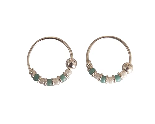 Pair Of Very Small 10Mm Sterling Silver Turquoise & White Beaded Hoops For Helix, Cartilage, 2Nd Ear Piercing | Handmade Dainty Hoops #TOP5