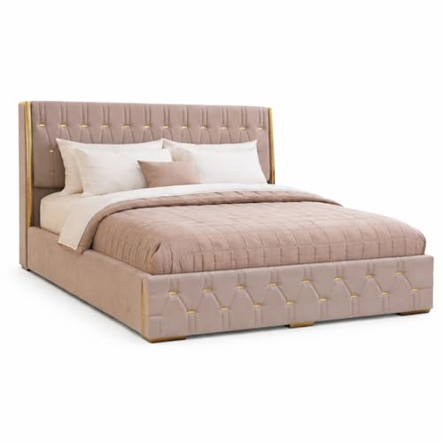 Image of Royal Aura Upholstered King Size Bed with Box Storage for Bedroom | Elegant Wooden Double Bed with Storage | Platform Cot Palang with Tufted Headboard | 6.5 x 6 Ft | Sheesham Wood | Navy
