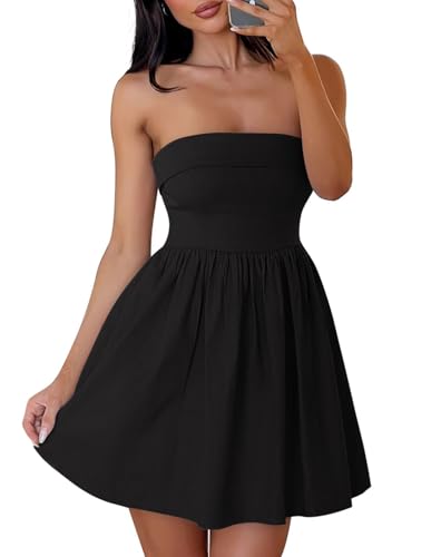 Image of ZESICA Women's Summer Strapless Mini Dress 2026 Casual Off Shoulder A Line Swing Boho Beach Vacation Party Short Dresses