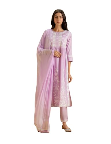 Image of Kaari Women's Chikankari Kurta Set with Dupatta -Fit & Flare Fit | Chiffon Dupatta with Embroidered Band | Straight Pant with Side Pocket | Kurta Set For Women