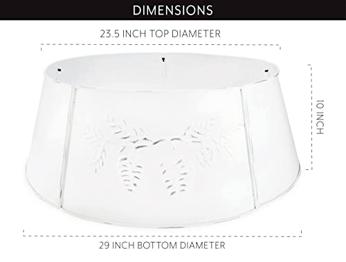 Auldhome Rustic White Tree Collar (Pine Embossed, Large), 29-Inch Diameter Base Vintage Enamelware Christmas Tree Accent, Distressed Pine Cone Design #TOP5