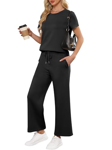 ANRABESS Women 2 Piece Lounge Sets Summer Travel Sweat Outfits Short Sleeve Wide Leg Casual Matching Tracksuits Clothes