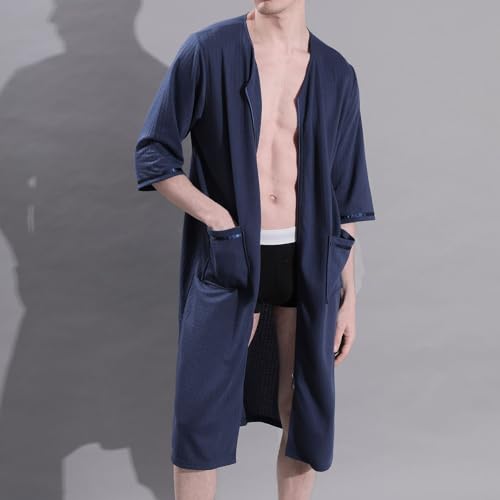 Men's Summer House Coat V Neck Soft Zipper Robe Comfy Knee Length Lounge Sleeping4