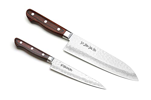 Yoshihiro VG-10 16 layers Hammered Damascus Stainless Japanese Chefs Knife Santoku 7'' (180mm) & Petty Utility Knife 5.3'' (135mm) SET