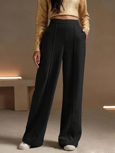 Image of KOTTY Women's High Waist Flared Wide Leg Trousers - Stylish Cotton Linen Palazzo Pants for Office Wear, Casual, and Straight fit