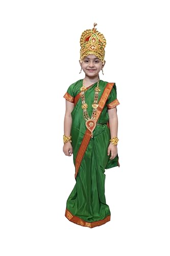 Image of Kaku Fancy Dresses Devi Laxmi Green Saree for Girls | Ready to Wear Saree | Mythological Godess Costume with Accessories - 3-4 Years
