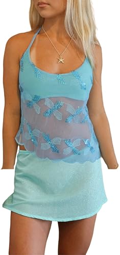 Women Sexy 2 Piece Lace Outfits Tie-up Backless Crop Tops + Ruffled Hem Layered Mini Skirt Sets Party Clubwear