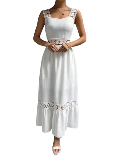 Image of White Crepe & Lace Crochet Midi Dress
