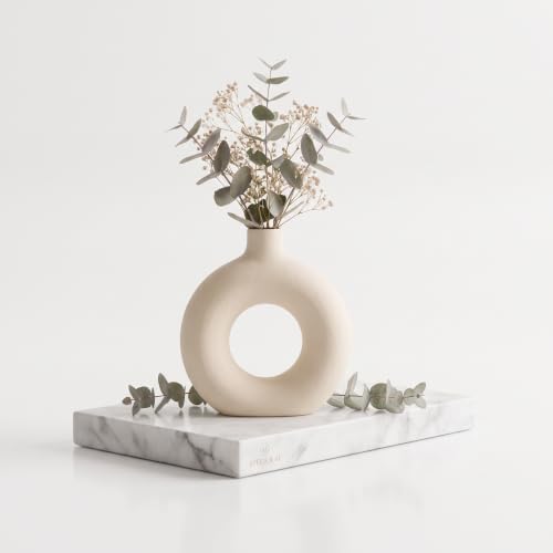 Image of Modern White Ceramic Donut Vase Decorative Flower Vase for Home Decor 6 inch